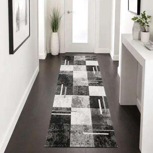Vista 10 de Alfombra de diseño moderna con corte de contorno a cuadros en marrón beige, tamaño: 2' x 3'7