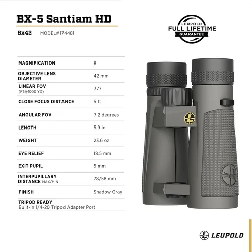 Vista 5 de Leupold BX-5 Santiam HD Binoculares, 8x42mm (174481)