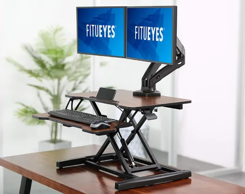 Vista 6 de FITUEYES Escritorio de Pie Convertidor de Escritorio Elevador Ajustable de Oficina para Computadora Portátil con Bandeja de Teclado Extraíble Marrón