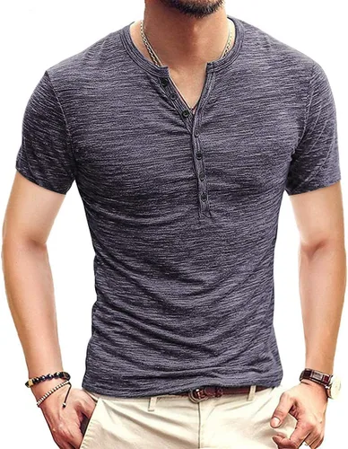 Vista 31 de KUYIGO Camisas Henley para hombre, estilo casual, ajustadas, básicas, de A01 Negro Puro