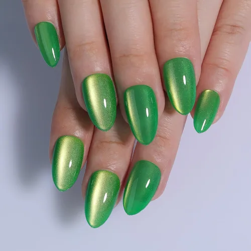 Vista 15 de Uñas postizas rojas de tamaño mediano en forma de almendra, uñas acrílicas brillantes con diseño de purpurina, uñas artificiales de cobertura a001