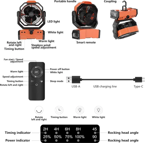 Vista 8 de Easywave Ventilador de camping con linterna LED: tienda de campaña de 20000 mAh recargable con batería para exteriores, ventilador oscilante