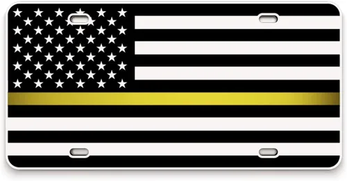 Vista 54 de JASS GRAPHIX Placa de matrícula personalizada con la bandera estadounidense de línea amarilla, homenaje personalizado a despachadores y operadores