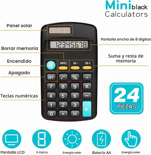 Vista 2 de Paquete de 24 mini calculadoras básicas, pantalla de 8 dígitos, batería solar y alimentación de CA, portátil para oficina, escuela y hogar
