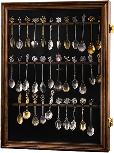 Vista 8 de 36 Souvenir Tea Spoon Display Case Montaje en pared con cerradura Protección UV Puerta de acrílico Soporte de exhibición de madera para cuchara Negro