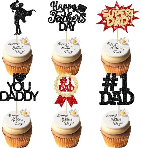 Vista 15 de 24 adornos para cupcakes con temática de sombrero para el Día del Padre, con purpurina azul, mejores selecciones de cupcakes para papá, decoraciones