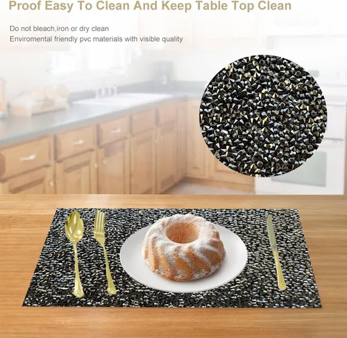 Vista 3 de Juego de 1 mantel individual redondo en negro, manteles individuales brillantes resistentes al calor, lavables, para cena, cocina, boda, decorativos