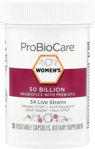 Vista 3 de ProBioCare Probiótico para mujeres, 50 mil millones de UFC con prebiótico, 34 cepas vivas para apoyo digestivo, inmunológico y vaginal, sin gluten