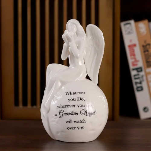Vista 2 de Luz Nocturna de Cerámica Ángel Guardián – Lámpara Figurina de Ángel Orando con Mensaje Inspiracional – Regalo Conmemorativo con Luz LED