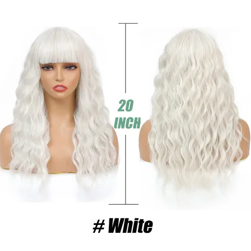 Vista 2 de SOKU Peluca blanca con flequillo de aire, pelucas cortas estilo Bob para mujer, 20 pulgadas de largo, cabello blanco ondulado, peluca de disfraz