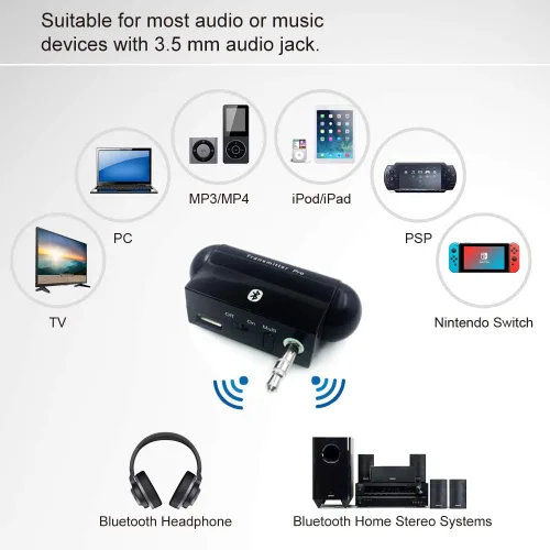 Vista 6 de Alead TxPro - Transmisor de audio estéreo inalámbrico multienlace Bluetooth (A2DP) con enchufe de audio de 0.138 in, para iPod, iPad, Zune, Zen