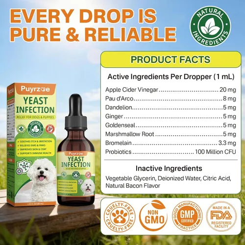 Vista 9 de puyrzoe Tratamiento natural de infección por levaduras para perros, picazón en las orejas, piel, patas y alivio de alergias, tratamiento de levadura