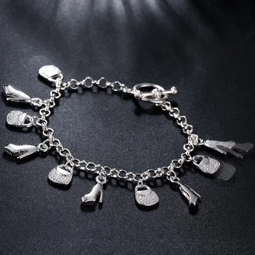 Vista 5 de Joyería de moda 925 zapatos de plata esterlina elegante bolso colgante cadena pulsera, Plata