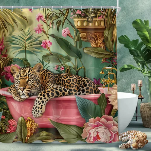 Vista 11 de Juego de cortina de ducha de baño con diseño de leopardo y guepardo rosa A-01pink leopardo verde