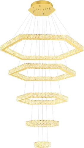 Vista 9 de Lámpara de araña moderna de 5 anillos de oro larga de cristal para techo alto, forma de altura ajustable, regulable 8 pulgadas + 16 pulgadas + 24