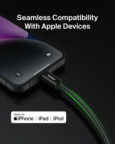 Vista 2 de Belkin Cable USB C con conector Lightning, 6.6 pies, cable de carga rápida suave, flexible, cable de carga Lightning para iPhone 14 y series Negro