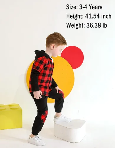 Vista 9 de YOUNGER TREE Conjunto de sudadera con capucha para niños pequeños, conjunto de camisa de franela a cuadros para otoño, invierno y primavera
