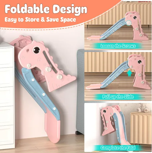 Vista 7 de Nyeekoy 3 en 1 Tobogán para niños pequeños, juego de escalada y deslizamiento con aro de baloncesto, patio de juegos para interiores y exteriores