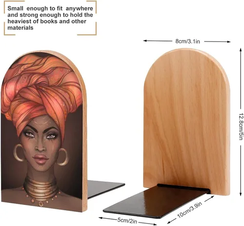 Vista 2 de Sujetalibros de madera con patrón de niña africana americana, sujetalibros decorativos, antideslizante, para libros, archivos de oficina, revista