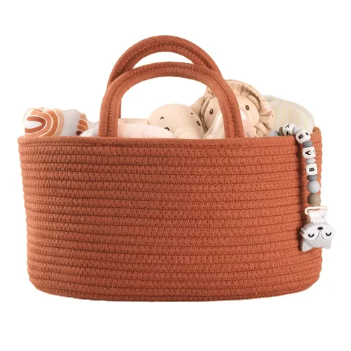 Vista 11 de Organizador de pañales para bebé con asa de cuerda de algodón para niña o niño, cesta de almacenamiento portátil para guardería, bolsa de pañales