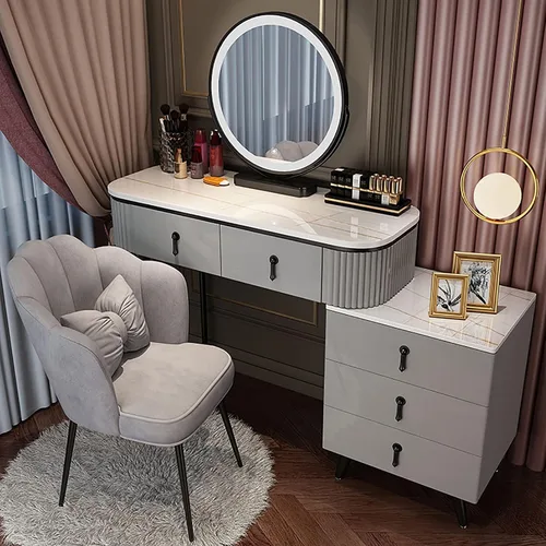 Vista 14 de Juego de tocador grande con luces LED, mesa de tocador de maquillaje con gabinete ajustable y taburete acolchado, 3 modos de iluminación, tocador