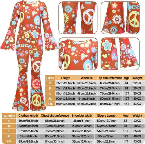 Vista 3 de 7 piezas de traje hippie de los años 60 y 70 para niños y niñas, disfraz hippie de Halloween, camisa de discoteca, pantalón, signo de la paz