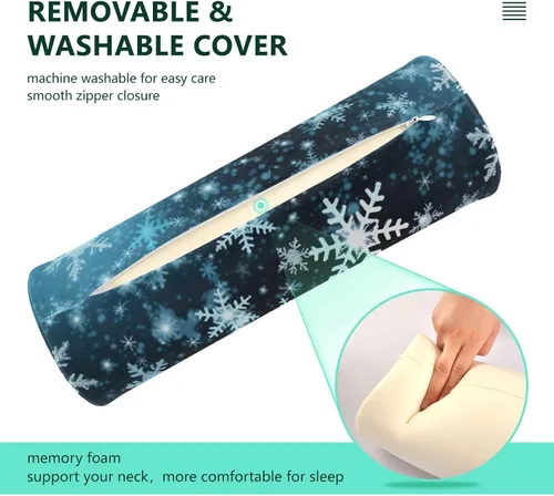Vista 4 de White Snowflakes Blue Neck Pillow for Sleeping, Cervical Roll Memory Foam Pillows for Neck Pain Relief, Neck Support Round Pillows with Washable