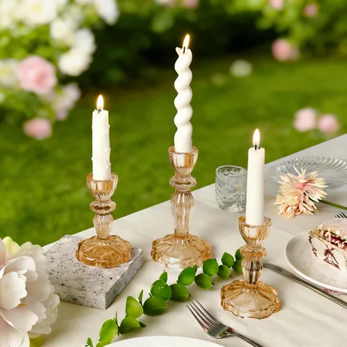 Vista 5 de Juego de 3 portavelas de cristal, diseño de rayas ámbar para centro de mesa, decoración del hogar, boda y fiesta