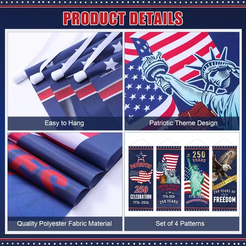 Vista 3 de Panelee 4 pancartas decorativas para el 250 aniversario de la bandera patriótica de Estados Unidos, para porche, telón de fondo colgante para el Día