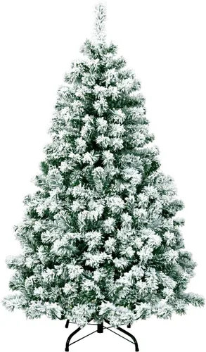 Vista 2 de Goplus - Árbol de Navidad artificial nevado de 4.5 pies, con nieve, flocado, con bisagras, preiluminado con 200 luces LED, 400 puntas de ramas