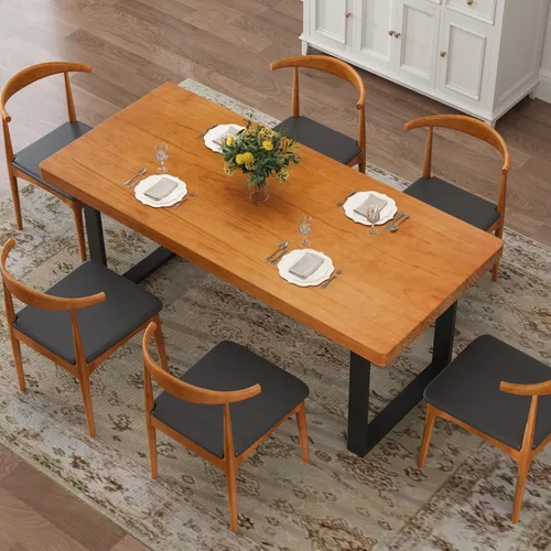 Vista 5 de Mesa de comedor moderna minimalista de madera maciza de 47 pulgadas, base de metal resistente, fácil montaje, mesa versátil para comedor, sala