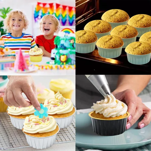 Vista 5 de Mini tazas de papel de aluminio para hornear cupcakes con tapas (30 unidades, 5 onzas), forros redondos de papel de aluminio para cupcakes, soporte