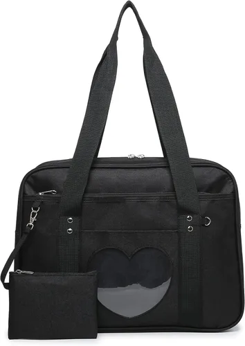 Vista 2 de Henmifyer Heart Messenger Ita Crossbody Bag Kawaii - Bolso bandolera japonés para viajes casuales, correas ajustables (negro, sin correa), Negro
