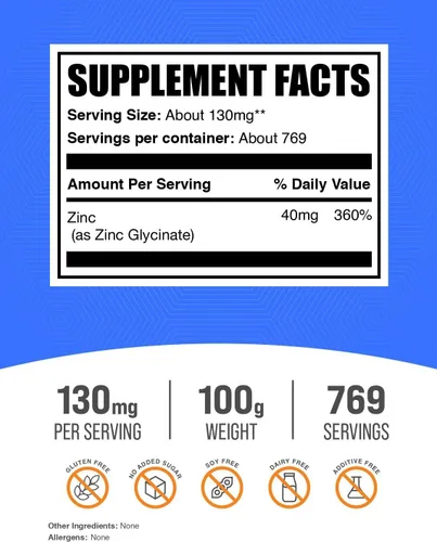 Vista 2 de BulkSupplements. com Polvo de glicinato de zinc, suplemento de zinc, suplemento mineral para apoyo inmunológico, sin gluten, 130 mg por porción, 100