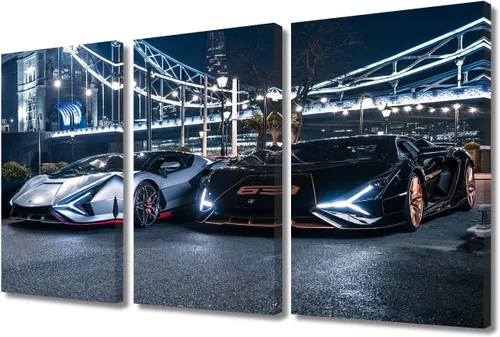 Vista 72 de Arte de pared de auto deportivo rojo para sala de estar, arte de pared de lienzo de súper auto genial, imágenes pósters, 3 piezas, arte moderno