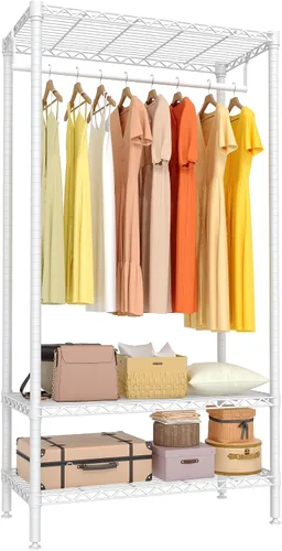 Vista 6 de Perchero de ropa resistente, perchero portátil de metal con estantes ajustables de 3 niveles, estantes de ropa independientes para colgar ropa