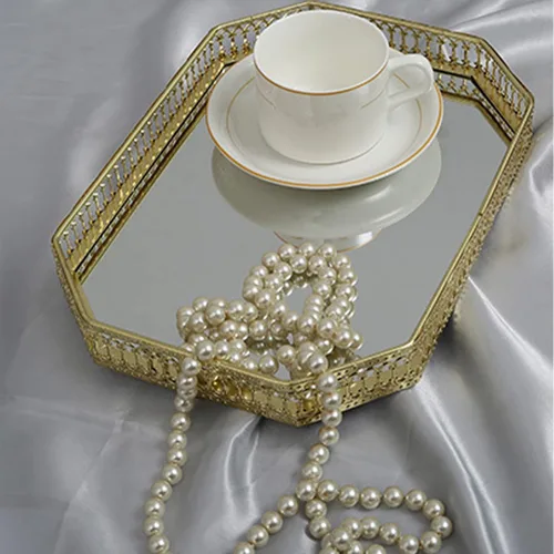 Vista 3 de Bandeja de espejo para mesa de té, plato decorativo grande, plato de fruta, bandeja de hierro dorado retro