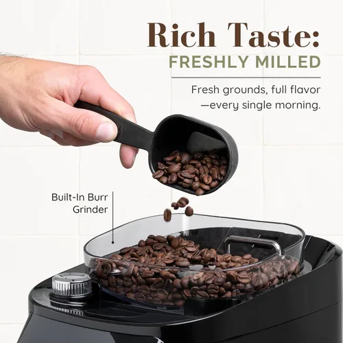 Vista 5 de Cafetera digital de goteo de 12 tazas con molinillo de rebabas integrado, máquina de café programable, filtro reutilizable y tanque de agua