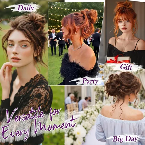 Vista 5 de BARSDAR Extensión de moño de cabello rubio cobre dorado oscuro liso + 2 piezas de cabello castaño medio marrón desordenado