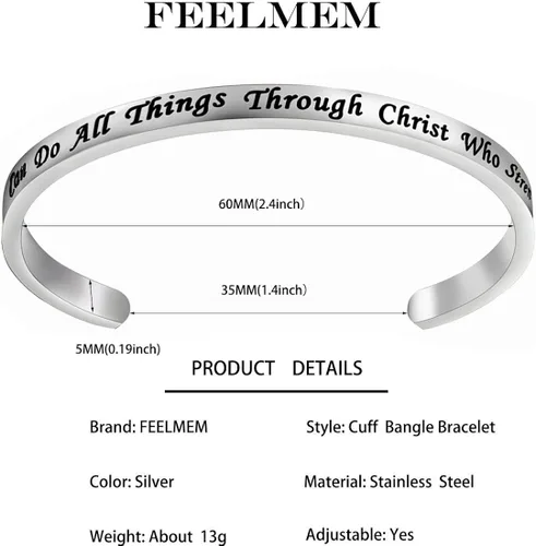 Vista 2 de FEELMEM I Can Do All Things Through Christ Who Fortalece Me Philippians 413 Pulsera con versículo de la Biblia, brazalete de joyería religiosa
