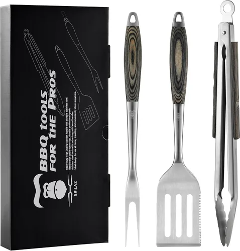 Vista 9 de Grilaz Juego de herramientas para barbacoa de acero inoxidable Mangos de madera teñida oscura Accesorios de parrilla para trabajo pesado Juego