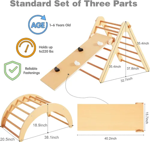 Vista 8 de Beright Gimnasio triangular Pikler 4 en 1, escalador plegable Montessori con rampa, juguetes de escalada de interior para niños, triángulo