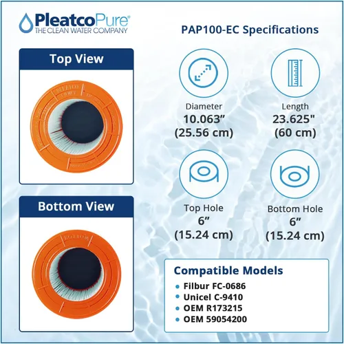 Vista 2 de Pleatco Reemplazo del cartucho de filtro de piscina PAP100-EC para Unicel: C-9410, Filbur: FC-0686, números de pieza OEM: R173215, 59054200, blanco