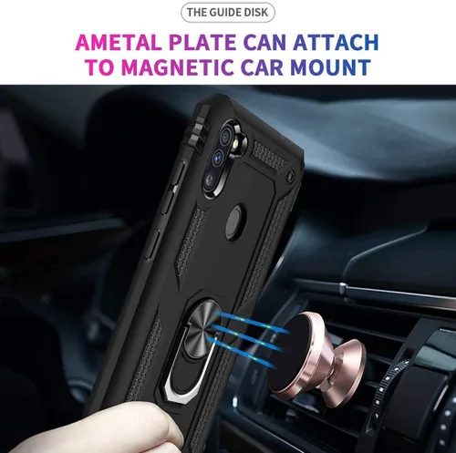 Vista 3 de TJS Funda compatible con Samsung Galaxy A11, con protector de pantalla de vidrio templado, anillo de metal, soporte magnético, funda protectora Negro