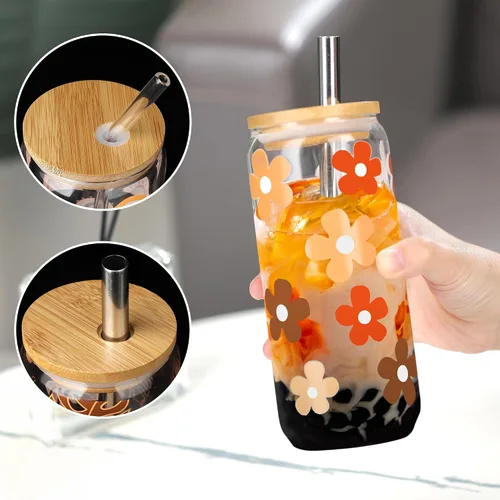 Vista 4 de Joeyan Vasos de vidrio de margaritas de 20 onzas con tapas y popotes de bambú, vasos bohemios para beber cerveza, lindo vaso de café helado