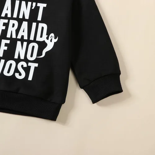 Vista 6 de Gueuusu Ropa de Halloween para bebé niño, sudadera divertida con estampado de letras, manga larga, sudadera con estampado de calabaza
