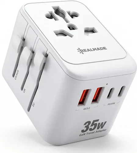 Vista 7 de Realmade Adaptador de viaje universal de 35 W con carga rápida PD, 5 puertos (1 AC/2 USB-A/2 USB-C) adaptador de enchufe de viaje europeo, tipo