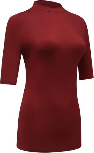 Vista 3 de OThread & Co. Camiseta de media manga con cuello alto y capa elástica básica para mujer, cómoda y casual