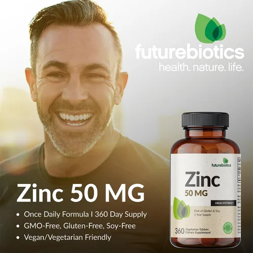 Vista 3 de Futurebiotics Zinc 50 mg de alta potencia, suministro para 1 año - 360 tabletas vegetarianas sin OMG