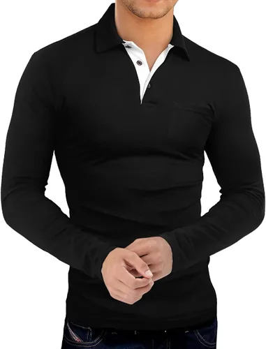 Vista 2 de KUYIGO Camisa polo de manga corta y larga para hombre, casual, ajustada, lisa, suave, con botones, de algodón, con cuello